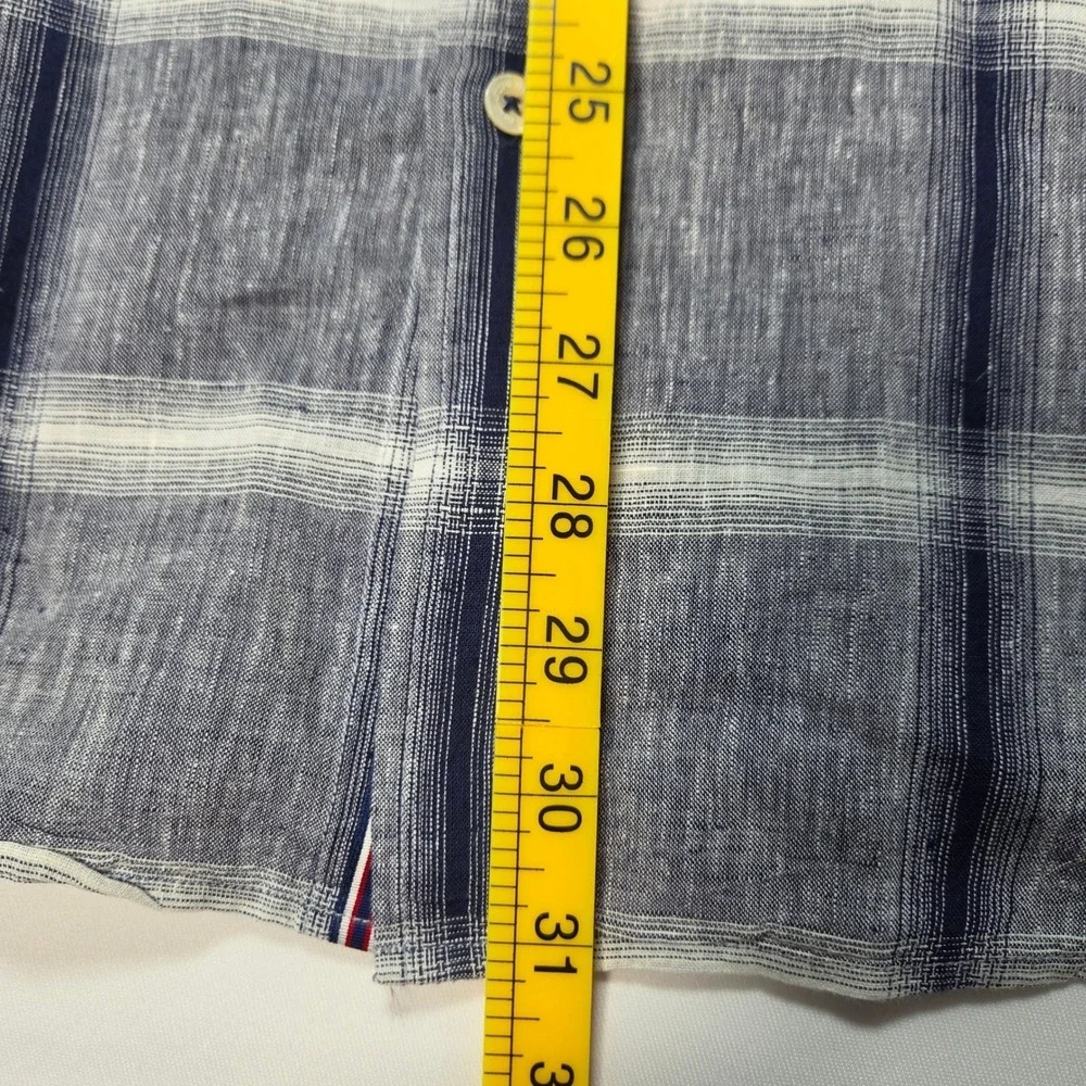 Bugatchi Mens Large Blue White Plaid Linen Blend Short Sleeve Shaped Fit Shirt